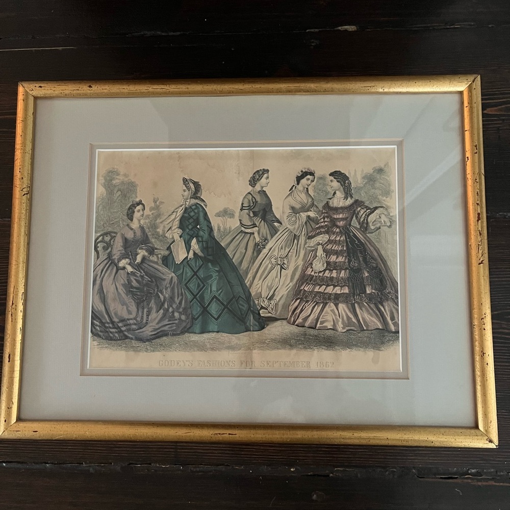 Two Original 1800’s Antique Artwork of Godey’s Fashions Gold Frame and Matted